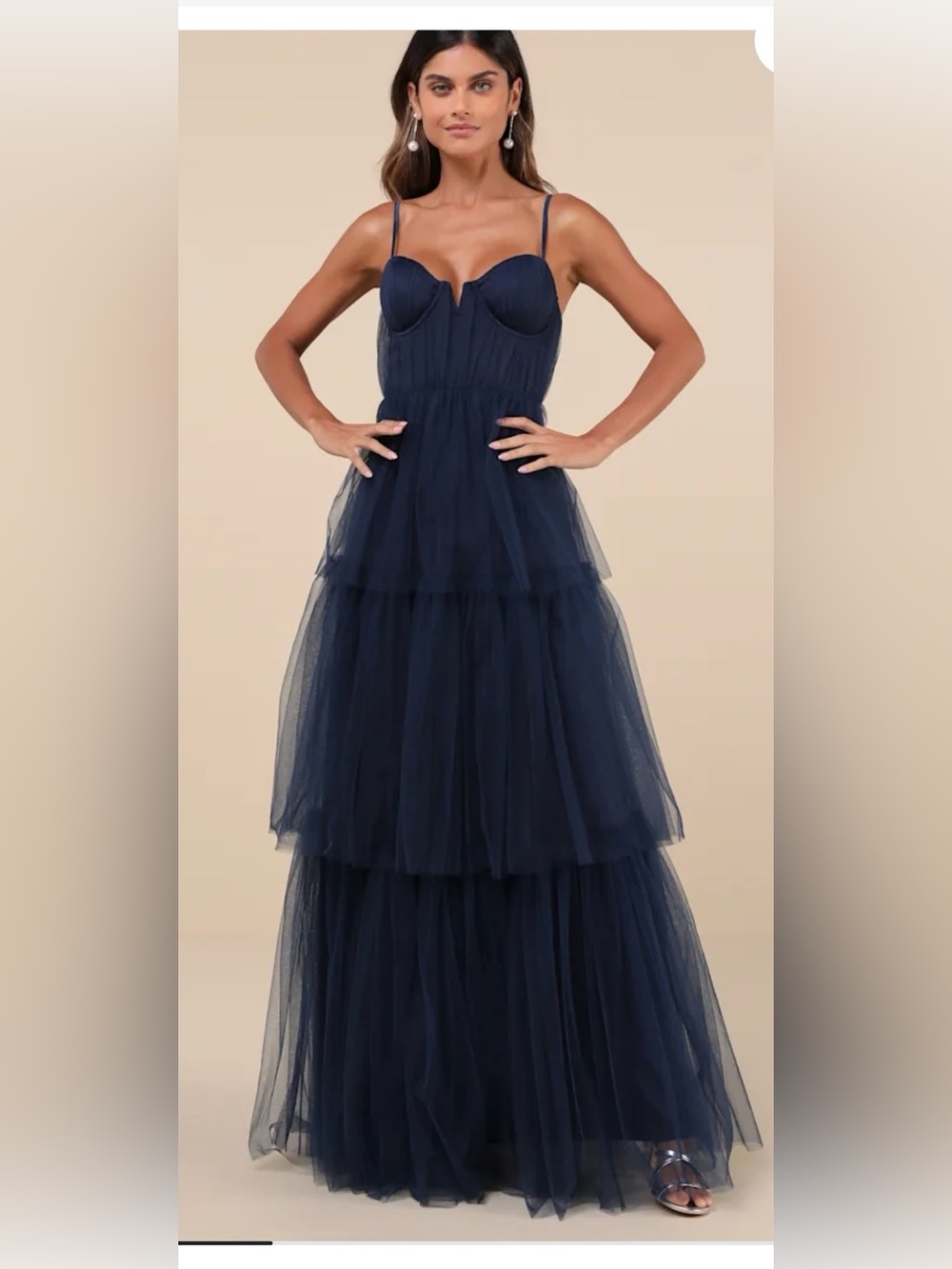 Lulus Unforgettable Poise Navy Blue Tulle Bustier Tiered Maxi Dress